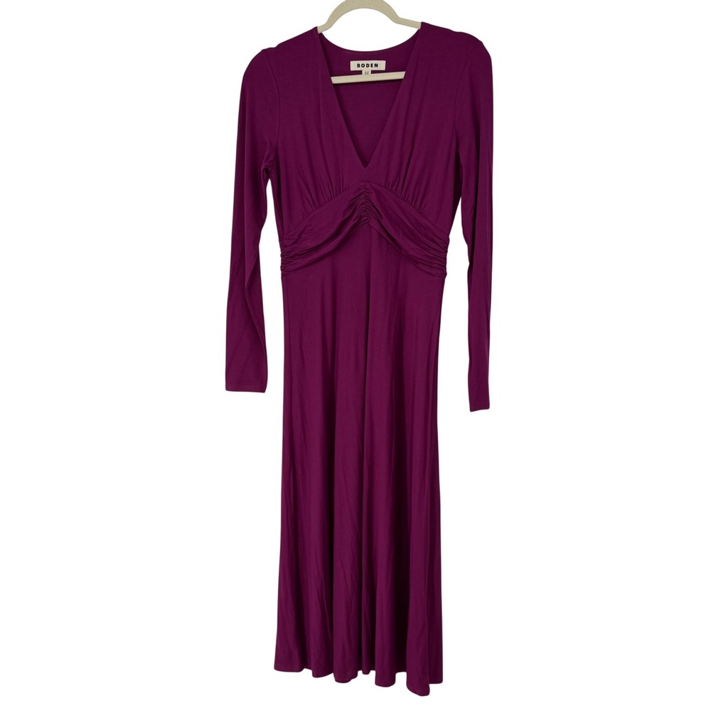 Boden Women Purple‎ Ruched Waist Long Sleeve V-Neck Midi Dress US 6R UK 10R